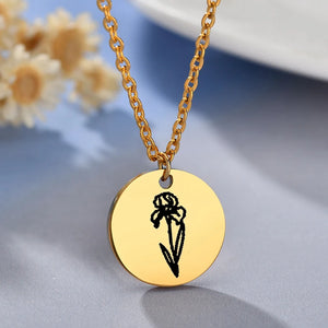 Engrave Month Symbol Rose Flower Necklaces Coin Necklace Stainless Steel Chain