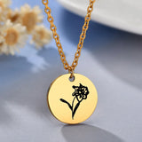 Engrave Month Symbol Rose Flower Necklaces Coin Necklace Stainless Steel Chain