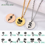 Engrave Month Symbol Rose Flower Necklaces Coin Necklace Stainless Steel Chain