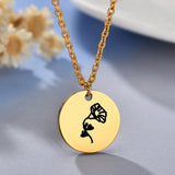 Engrave Month Symbol Rose Flower Necklaces Coin Necklace Stainless Steel Chain