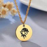 Engrave Month Symbol Rose Flower Necklaces Coin Necklace Stainless Steel Chain