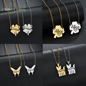 Engraved Name Necklace Personalized Clover Butterfly Cat Family Gift