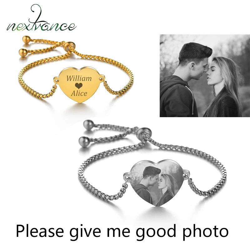 Nextvance Heart Photo Pendant Bracelet Stainless Steel Engraved ID Tag Bangle