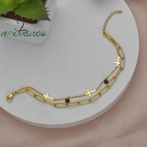 Stainless Steel Cross Bracelet with Zirconia, Women's Double Layer Jewelry