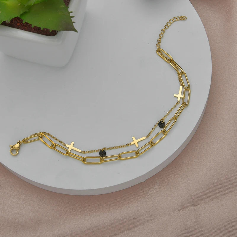 Stainless Steel Cross Bracelet with Zirconia, Women's Double Layer Jewelry
