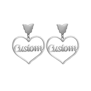 Personalized Heart & Butterfly Earrings Stainless Steel Name Gift