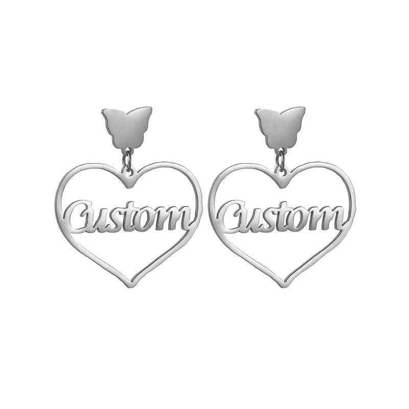 Personalized Heart & Butterfly Earrings Stainless Steel Name Gift