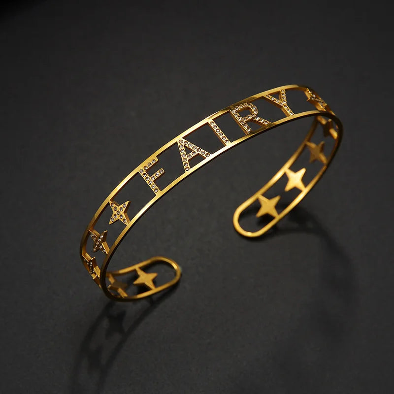 Punk Name Bracelet Stainless Steel Personalized Rhinestone Wrist Bangles