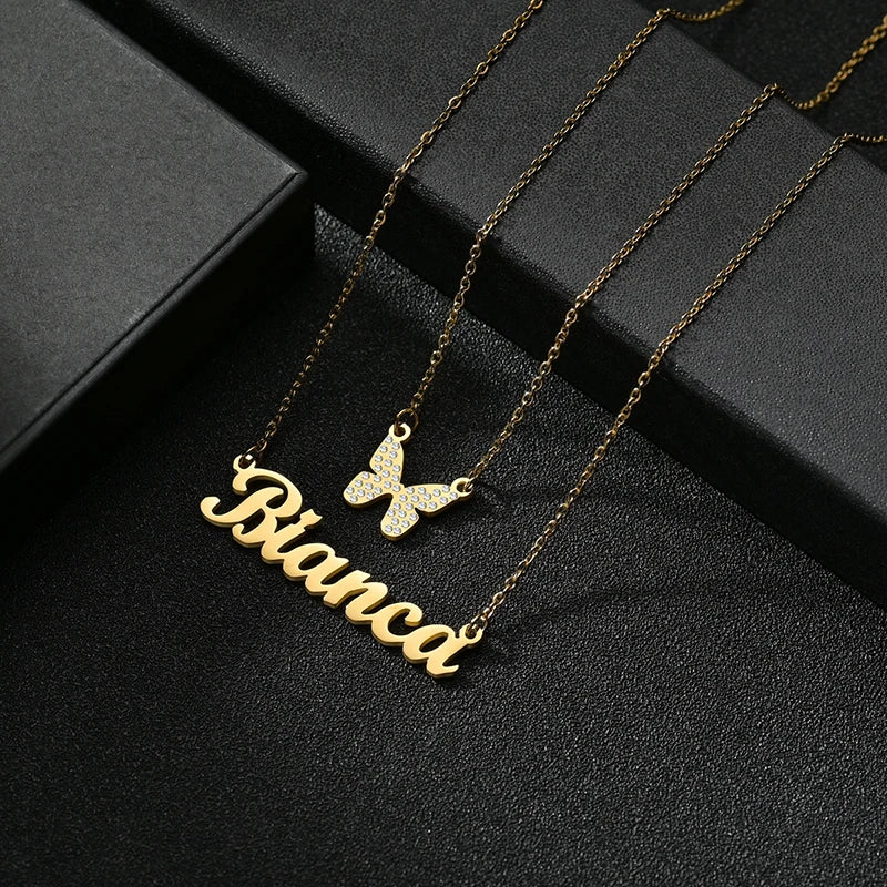 Rhinestone Butterfly Name Necklace Stainless Steel Charm Personalized Pendant