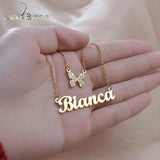 Rhinestone Butterfly Name Necklace Stainless Steel Charm Personalized Pendant