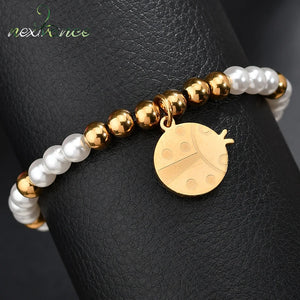 Stainless Steel Ladybug Wrap Bracelet Simulated Bead Insect Bracelet for Kids
