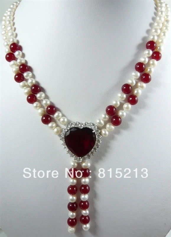 2 Row Freshwater Pearl Red Jade & Red Heart Zircon Necklace