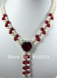 2 Row Freshwater Pearl Red Jade & Red Heart Zircon Necklace