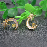 Nickel CZ Beads Paved Moon Earring Hooks Stud Posts
