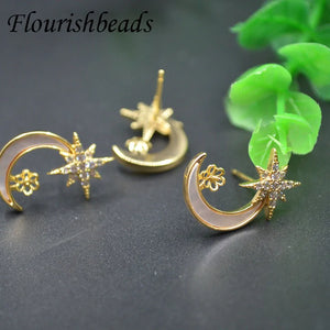 Nickel CZ Beads Paved Moon Earring Hooks Stud Posts