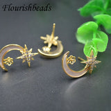 Nickel CZ Beads Paved Moon Earring Hooks Stud Posts