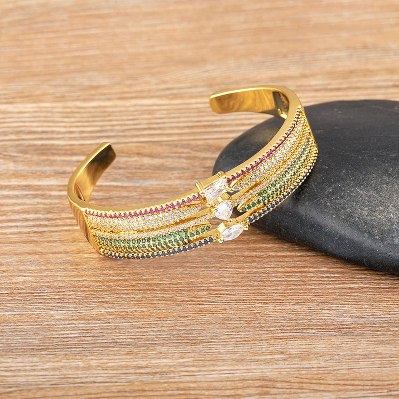 Colorful Zircon Three Layer Bangle for Women Sparkling Crystal Party Jewelry
