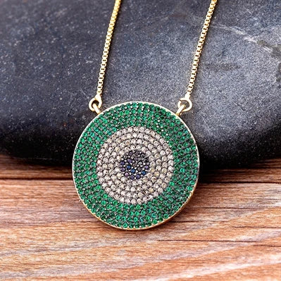Nidin Round Zircon Evil Eye Pendant Choker Necklace Green/Purple/Violet