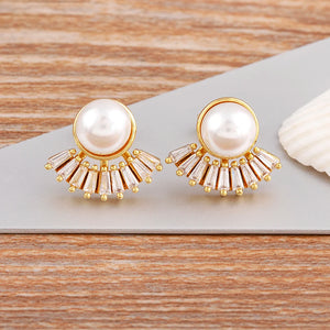French Natural Pearl Stud Earrings Zircon for Women