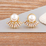 French Natural Pearl Stud Earrings Zircon for Women