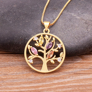 Nidin Tree of Life Necklace for Women Zircon Jewelry Plated Round Pendant
