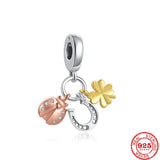 925 Silver Four Clover Lock Heart Pendant DIY Beads