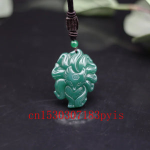 9-Tailed Fox Green Jade Pendant Necklace Agate Chinese Charm Jewelry