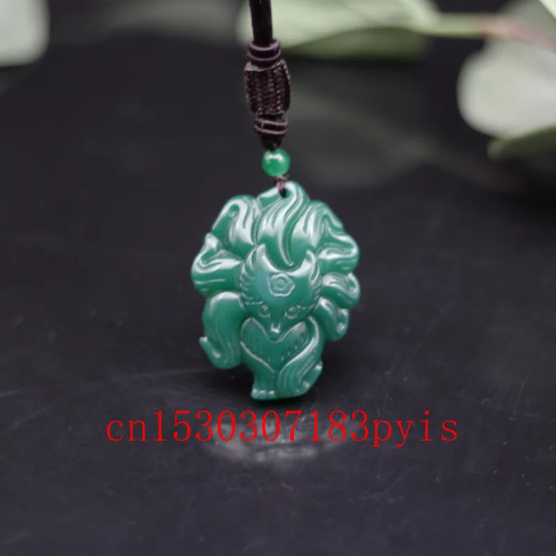 9-Tailed Fox Green Jade Pendant Necklace Agate Chinese Charm Jewelry