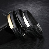 Men Stainless Steel Leather Cuff Bracelet Titanium Wrap Bracelet