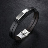Men Stainless Steel Leather Cuff Bracelet Titanium Wrap Bracelet