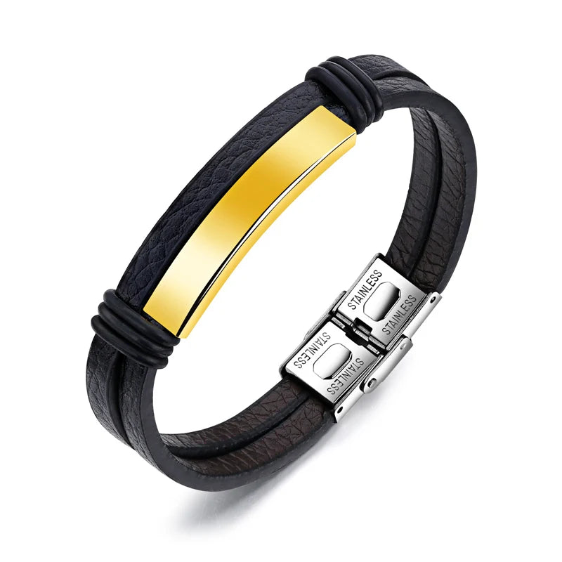 Men Stainless Steel Leather Cuff Bracelet Titanium Wrap Bracelet