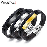 Men Stainless Steel Leather Cuff Bracelet Titanium Wrap Bracelet