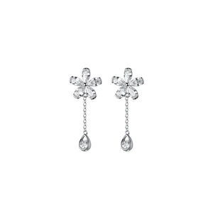 925 Sterling Silver CZ Flower &Waterdrop Chain Cuff Earrings