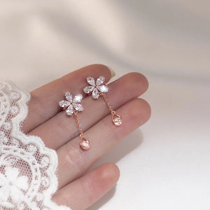 925 Sterling Silver CZ Flower &Waterdrop Chain Cuff Earrings