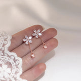 925 Sterling Silver CZ Flower &Waterdrop Chain Cuff Earrings
