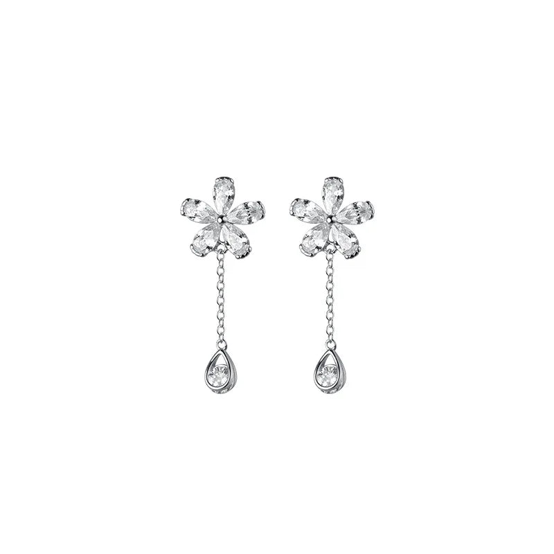 925 Sterling Silver CZ Flower &Waterdrop Chain Cuff Earrings