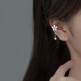 925 Sterling Silver CZ Flower &Waterdrop Chain Cuff Earrings