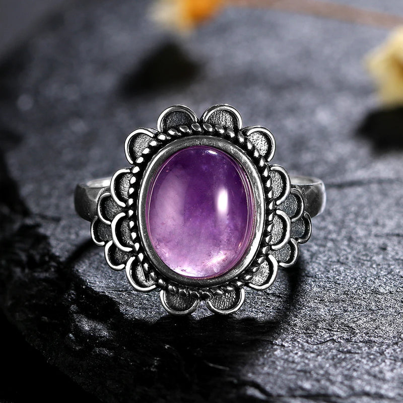 925 Silver Amethyst Ring Retro Wreath Engagement Wedding Gift