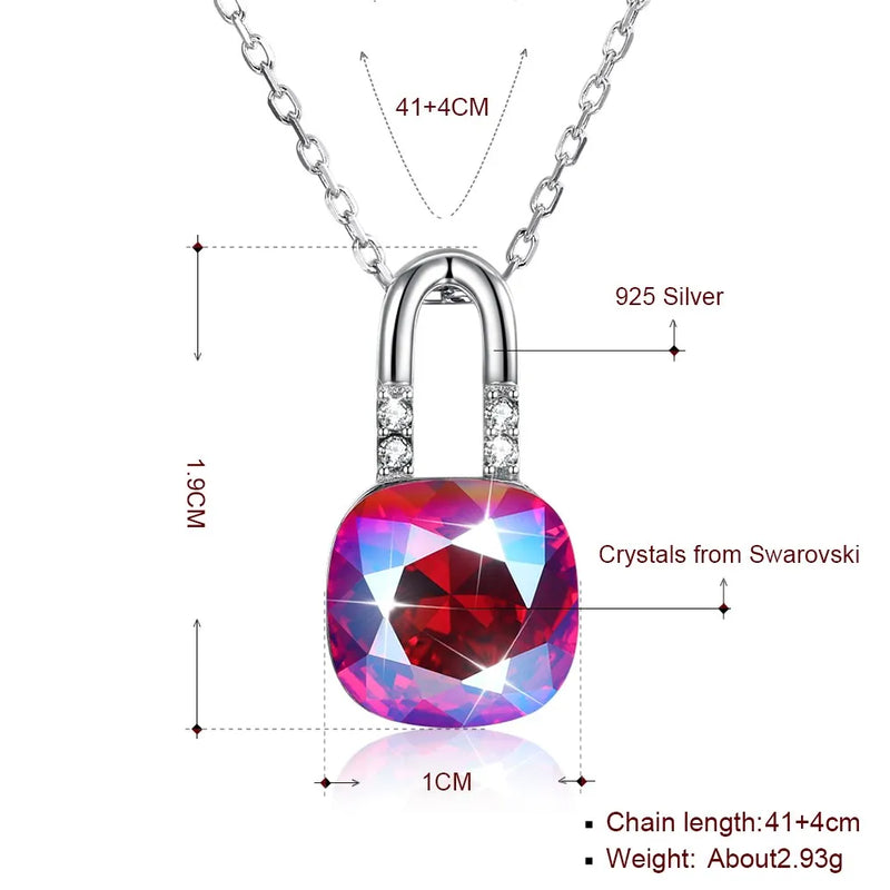 Noble Lock Necklace Crystal Pendant 925 Sterling Silver Chain Female Jewelry