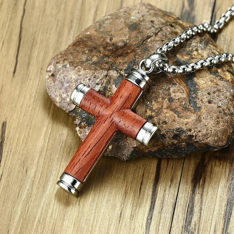 Mens Cross Pendant Necklace Rosewood Stainless Steel Crucifix 24 inch