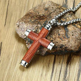Mens Cross Pendant Necklace Rosewood Stainless Steel Crucifix 24 inch