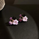 Purple Crystal Flower Stud Earrings Wedding Party Elegance Set