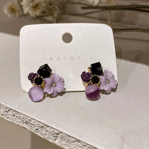 Purple Crystal Flower Stud Earrings Wedding Party Elegance Set
