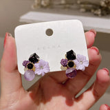 Purple Crystal Flower Stud Earrings Wedding Party Elegance Set