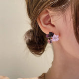 Purple Crystal Flower Stud Earrings Wedding Party Elegance Set