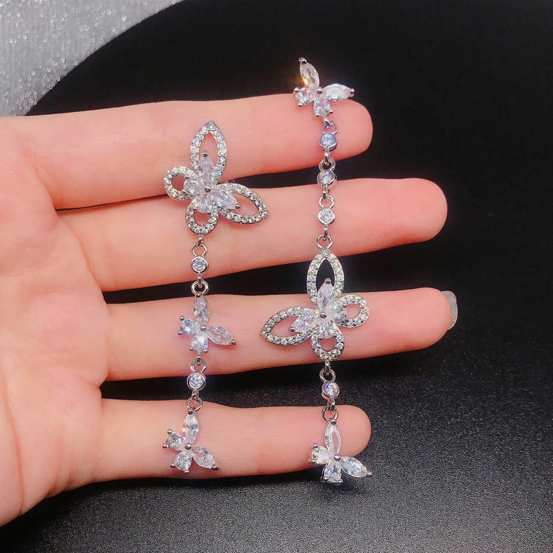 Noble Silver Butterfly Drop Zircon Tassel Dangle Earrings