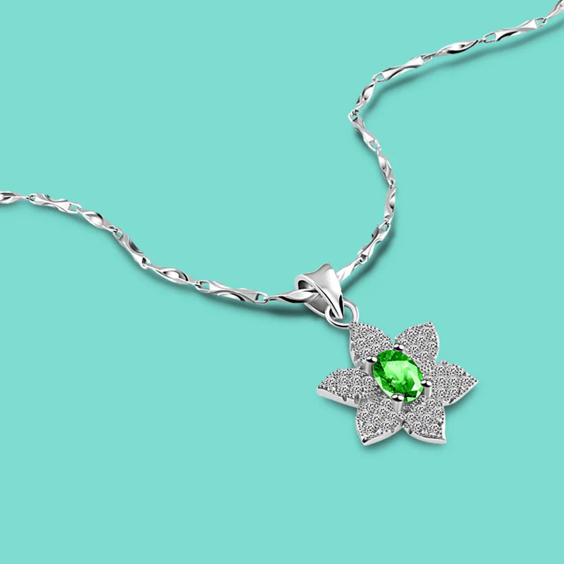 925 Silver CZ Green Zircon Pendant Necklace for Women