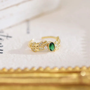 Emerald Crystal Open Ring 14K Real Leaf Shape Zircon Lady Rings Wedding Jewelry