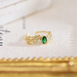 Emerald Crystal Open Ring 14K Real Leaf Shape Zircon Lady Rings Wedding Jewelry