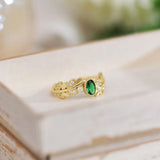 Emerald Crystal Open Ring 14K Real Leaf Shape Zircon Lady Rings Wedding Jewelry